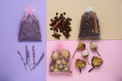 Scented sachets with dried flowers, coffee beans and spices on color background, flat lay