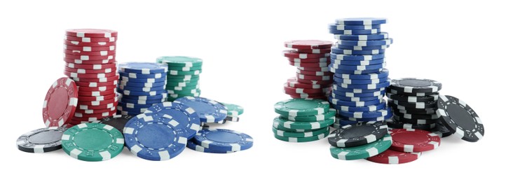 Image of Set with stacks of different casino chips on white background, banner design. Poker game