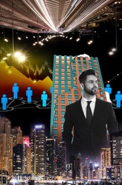 Image of Multiple exposure of confident man, night cityscape and different icons. Leadership concept