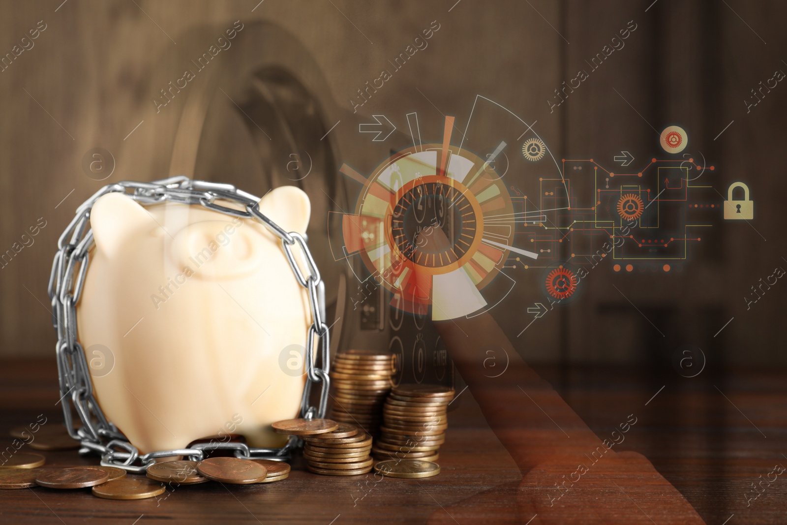 Image of Piggy bank with steel chain, coins and woman opening steel safe, closeup 