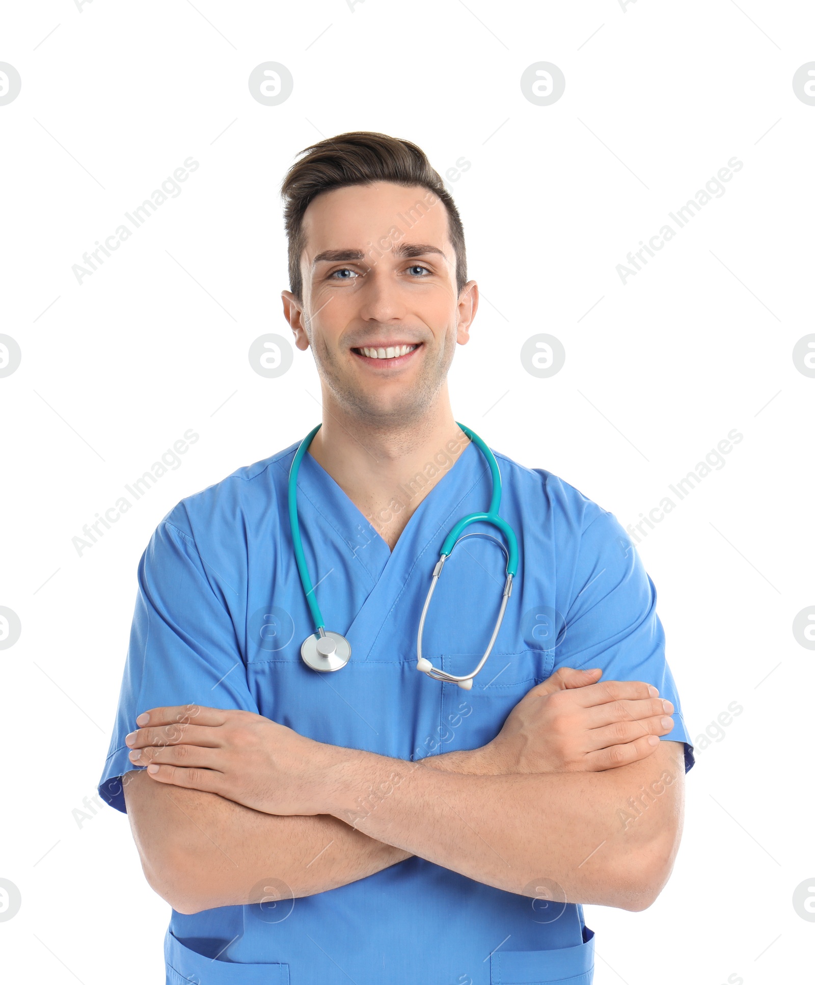 Photo of Portrait of medical assistant with stethoscope on white background