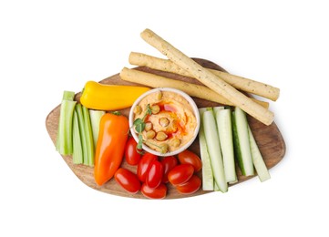 Photo of Board with delicious hummus, grissini sticks and fresh vegetables on white background, top view