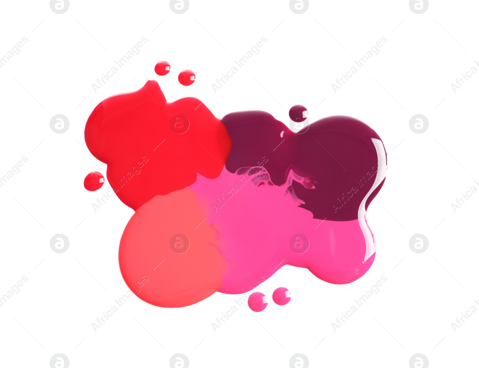 Photo of Color nail polish drops on white background, top view