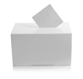 Photo of Ballot box with vote on white background. Election time