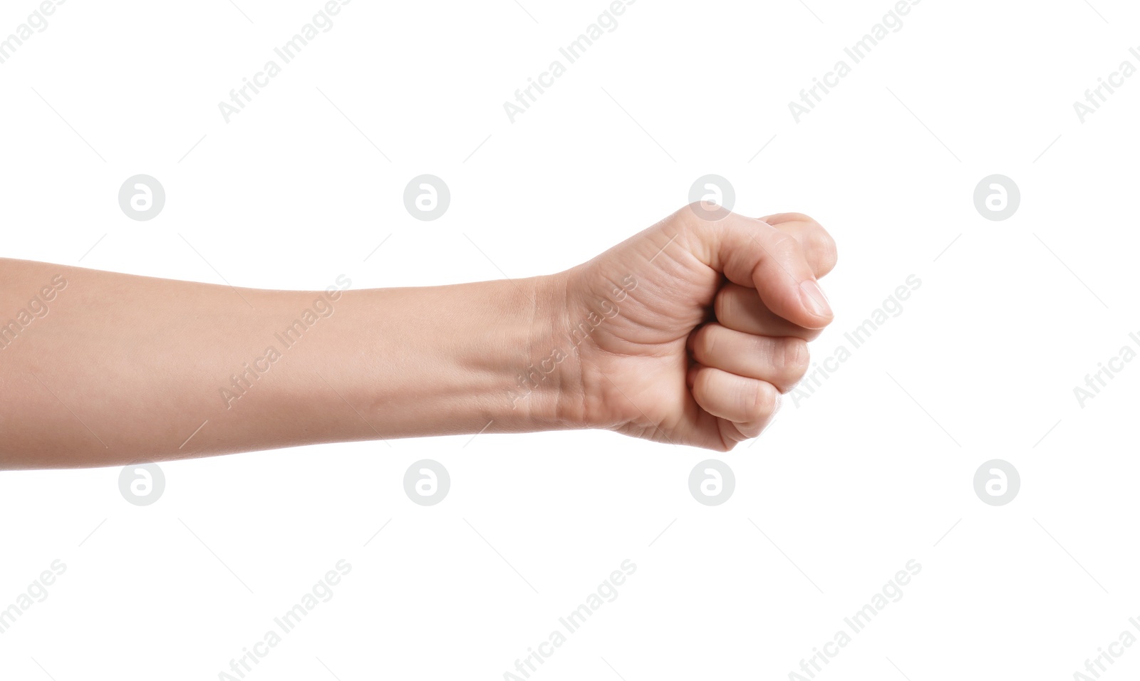 Photo of Woman showing fist on white background, closeup of hand