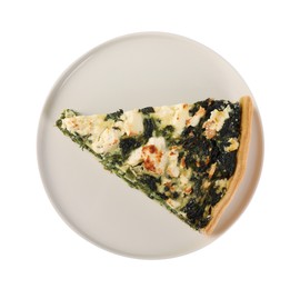 Piece of delicious homemade spinach quiche isolated on white, top view