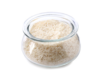 Photo of Uncooked rice in glass jar isolated on white