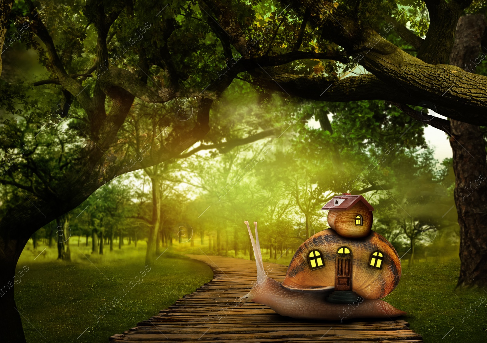 Image of Fantasy world. Magic snail with its shell house moving in beautiful forest