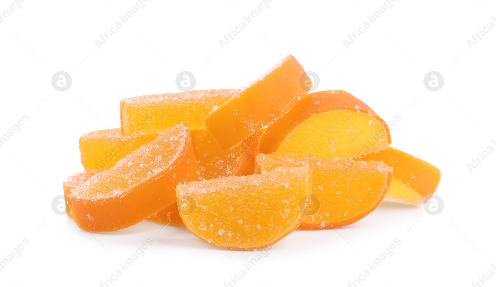 Photo of Sweet orange jelly candies on white background