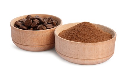 Photo of Bowls of ground coffee and beans on white background