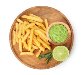 Photo of Tray with delicious french fries, avocado dip, lime and rosemary isolated on white, top view