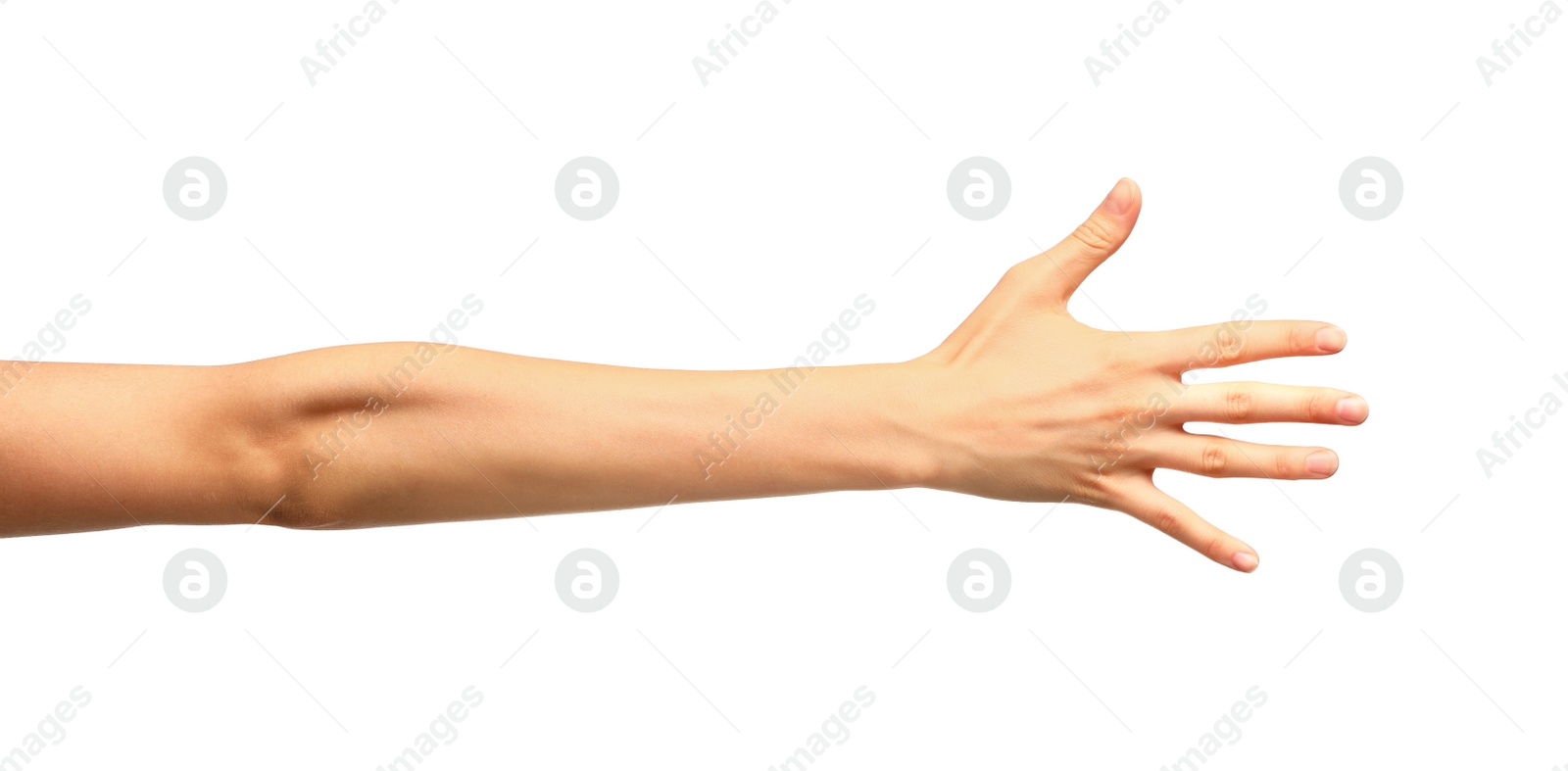 Photo of Young woman holding hand on white background, closeup