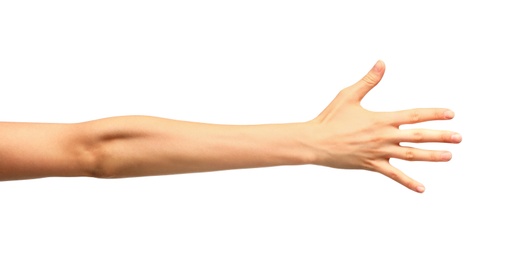 Photo of Young woman holding hand on white background, closeup