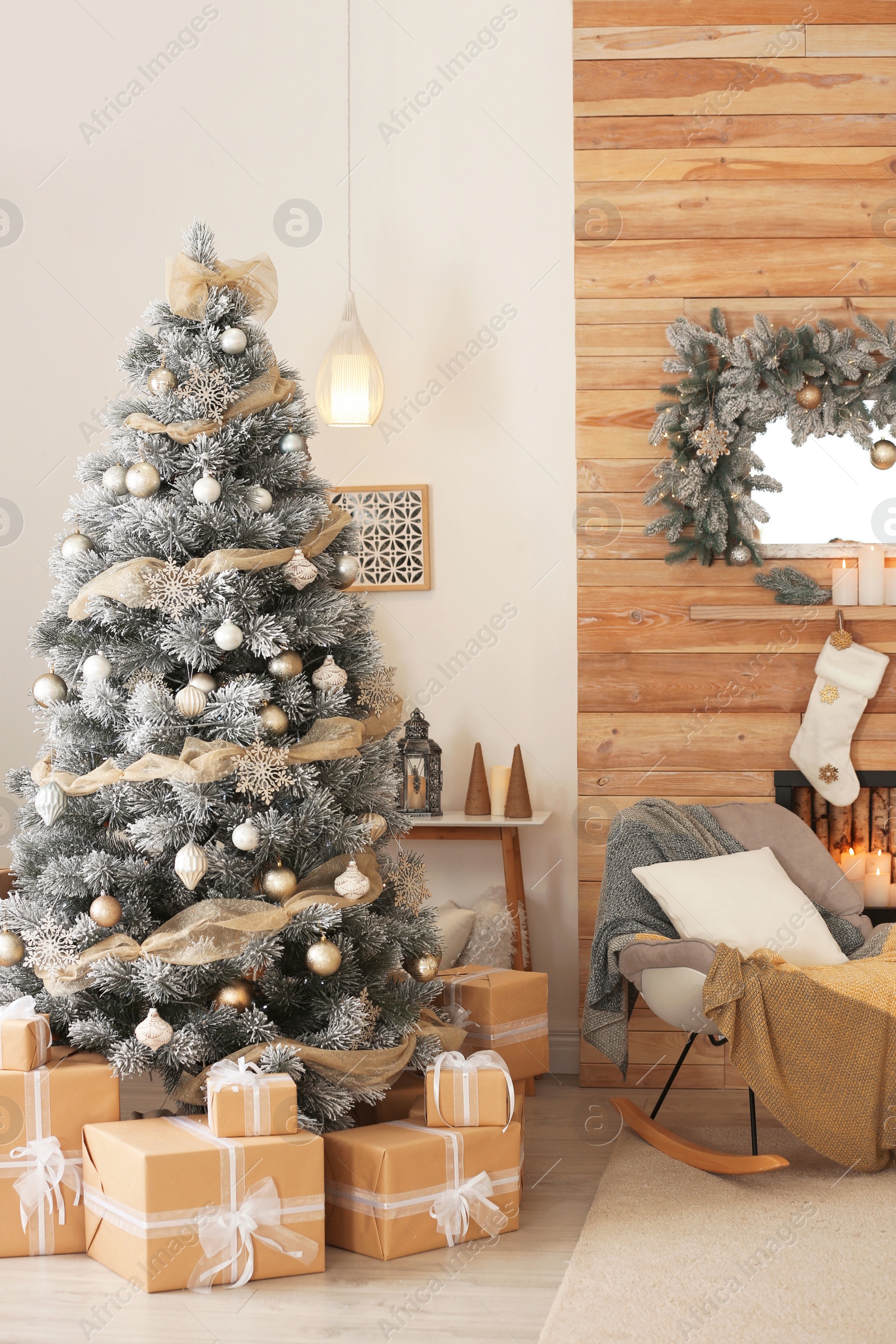 Photo of Beautiful interior of living room with decorated Christmas tree