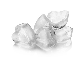 Heart shaped ice cubes on white background