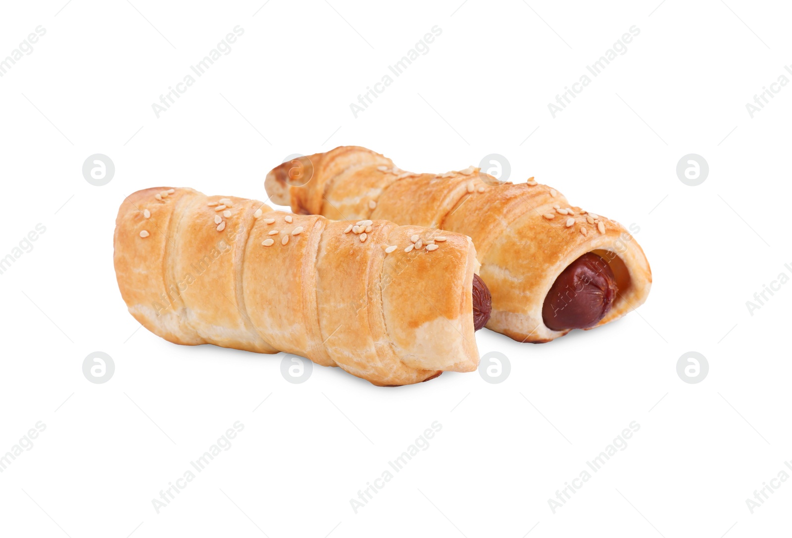 Photo of Delicious homemade sausage rolls isolated on white