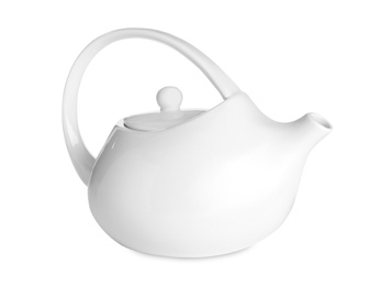 Photo of Porcelain teapot with handle isolated on white