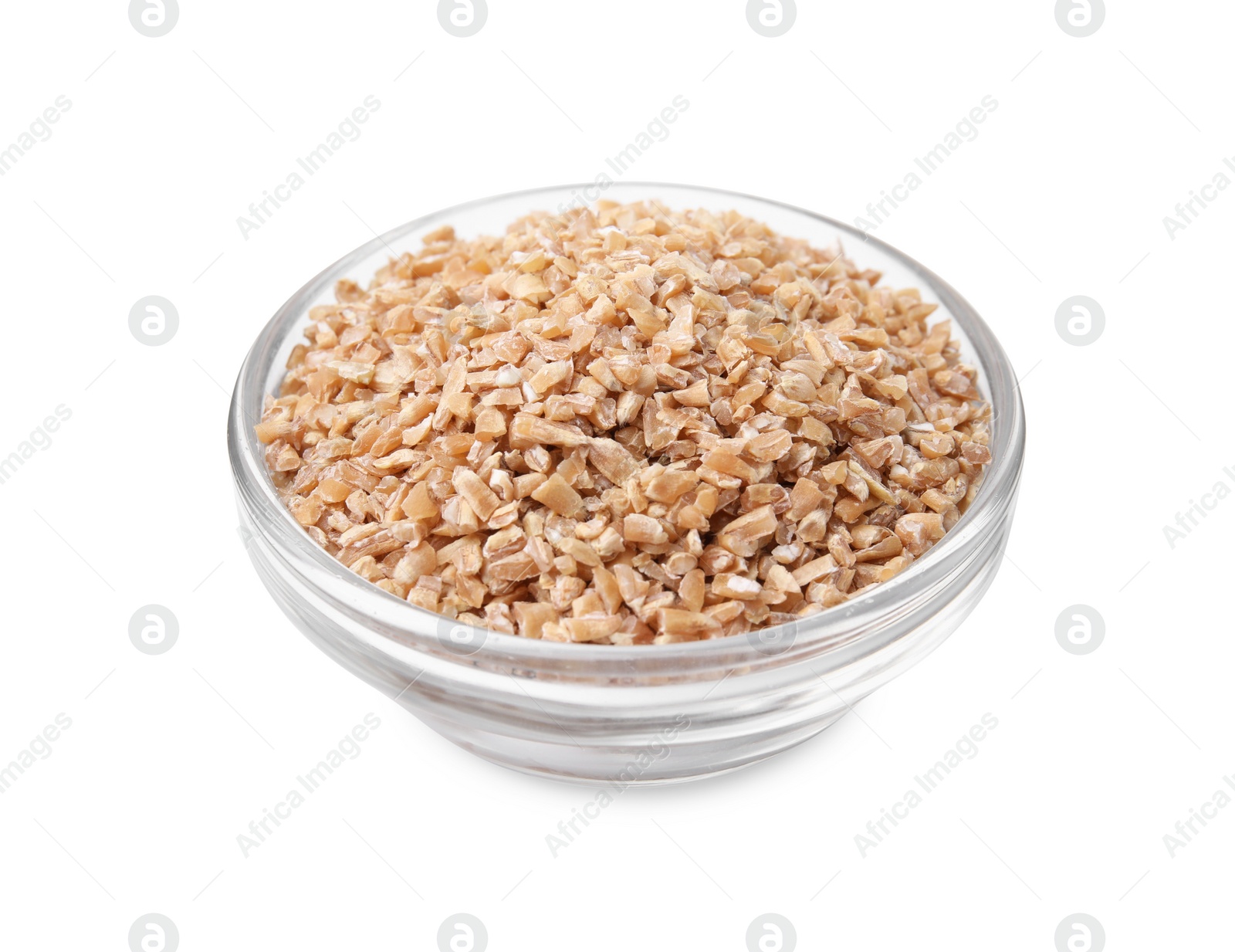 Photo of Dry wheat groats in glass bowl isolated on white