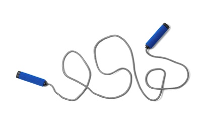 Photo of Jump rope on white background, top view