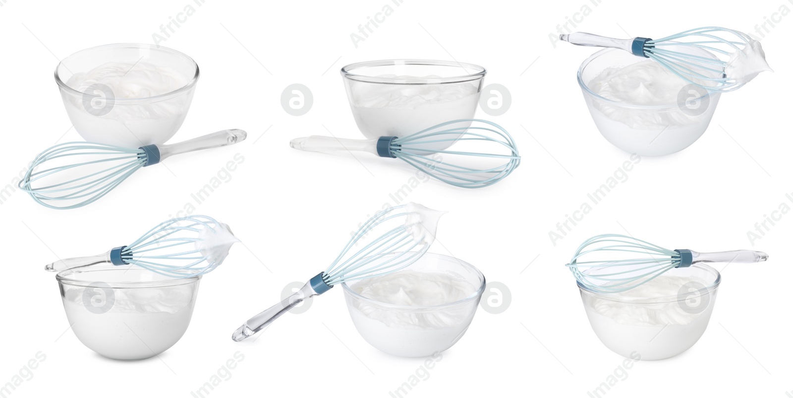 Image of Whisk and bowl with cream isolated on white, collage