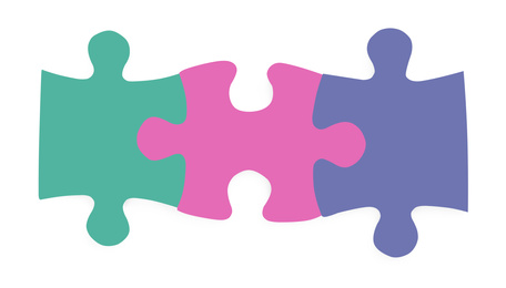  Color jigsaw puzzle pieces on white background, top view