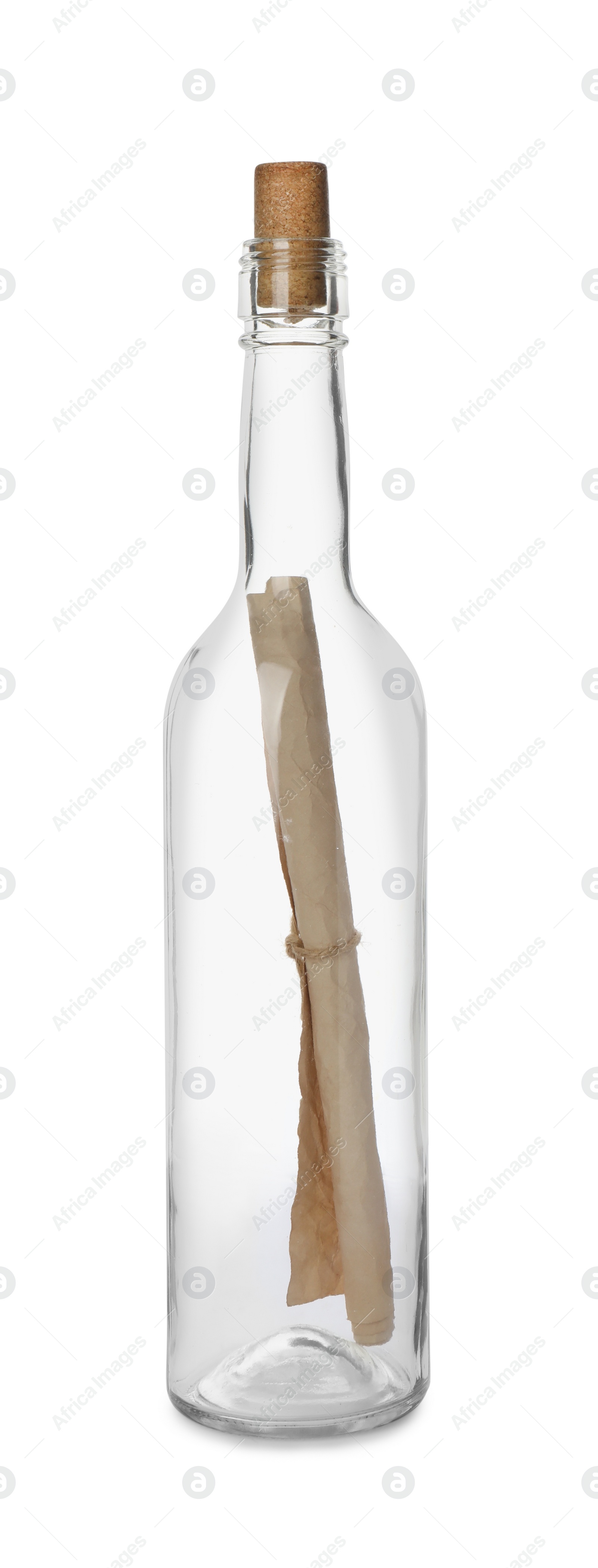 Photo of Message in corked glass bottle isolated on white