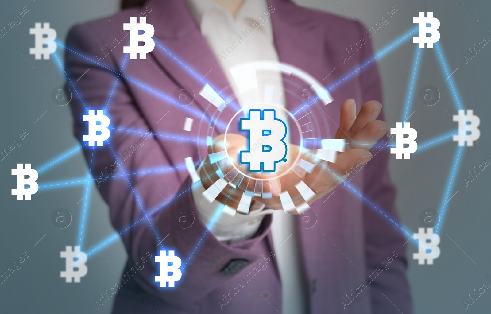 Image of Fintech concept. Woman demonstrating scheme with bitcoin symbols