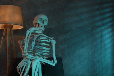 Photo of Waiting concept. Human skeleton sitting in armchair indoors, space for text