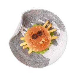 Photo of Plate with tasty monster sandwich isolated on white, top view. Halloween lunch