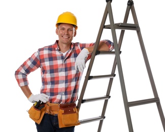 Professional constructor near ladder on white background
