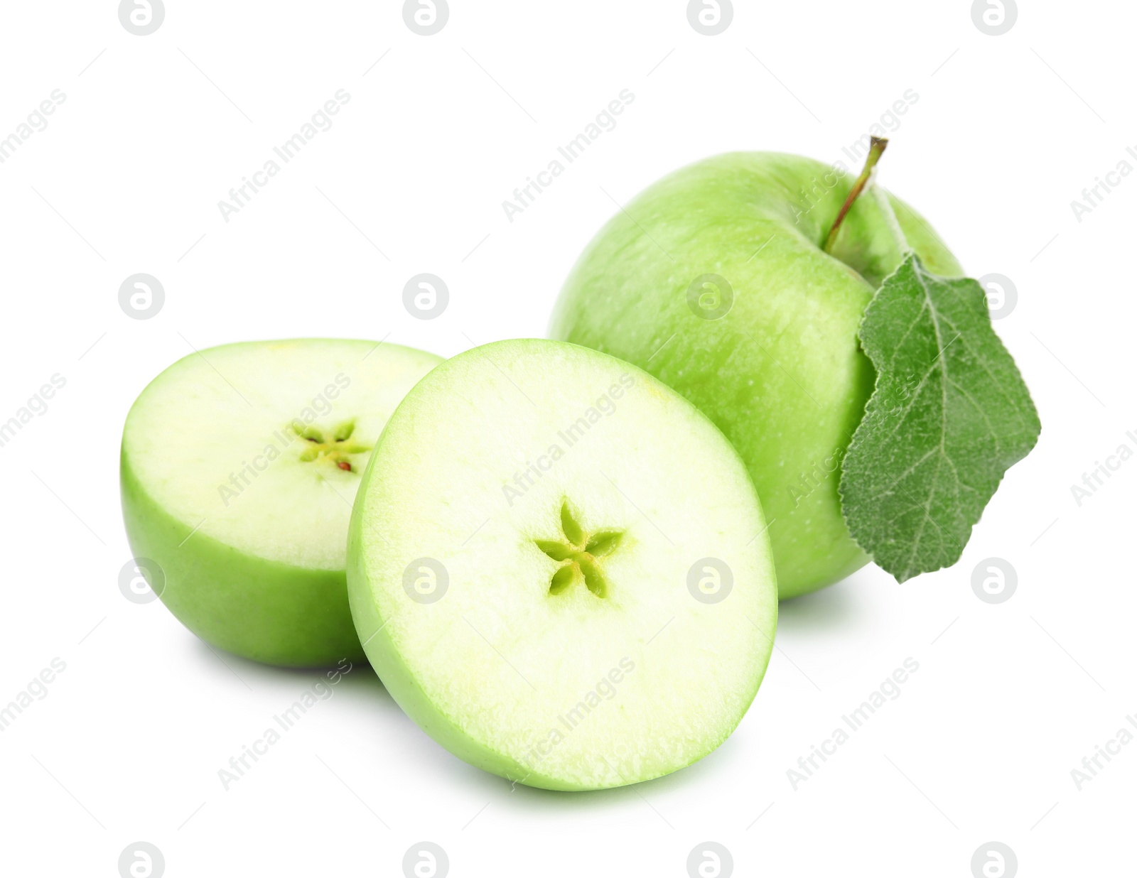 Photo of Fresh ripe green apples with leaf on white background