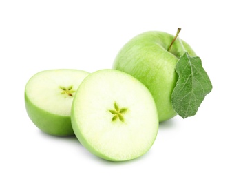 Fresh ripe green apples with leaf on white background