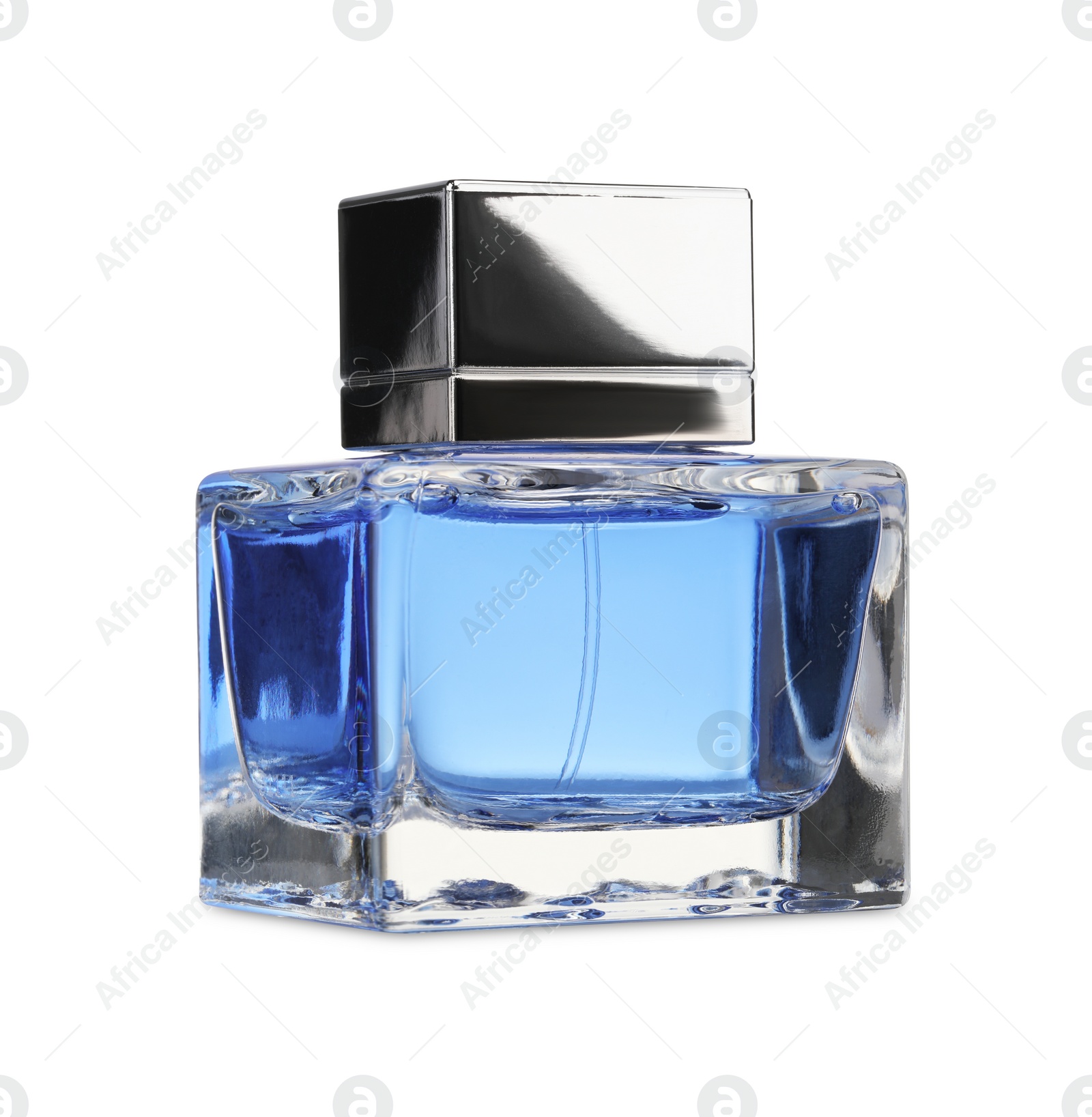 Photo of Blue men perfume in glass bottle isolated on white