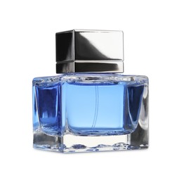 Blue men perfume in glass bottle isolated on white