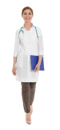 Photo of Full length portrait of medical doctor with clipboard and stethoscope isolated on white