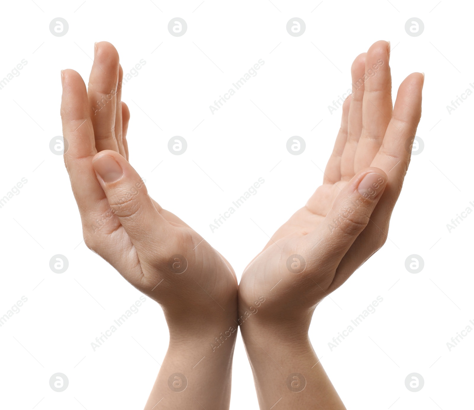 Photo of Woman holding something in hands on white background, closeup