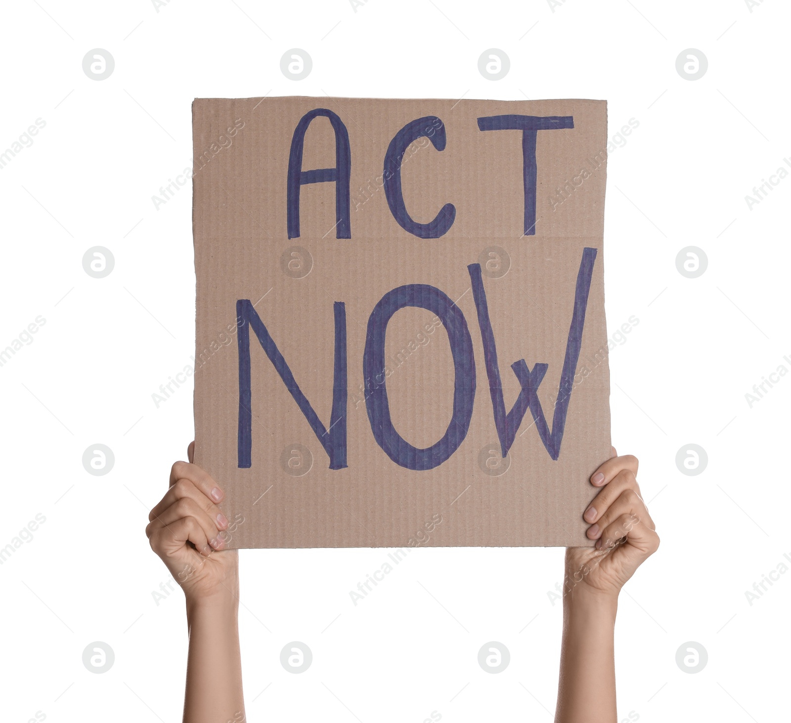 Photo of Protestor holding placard with text Act Now on white background, closeup. Climate strike