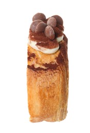 Photo of One supreme croissant with chocolate chips and cream on white background. Tasty puff pastry