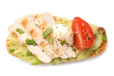 Photo of Delicious chicken bruschetta on white background, top view