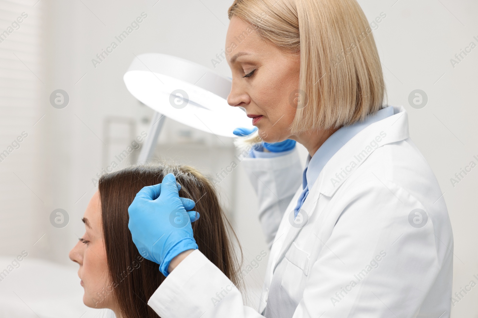 Photo of Trichologist examining patient`s hair under lamp in clinic