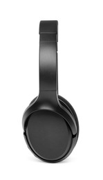 Photo of Modern black wireless headphones isolated on white