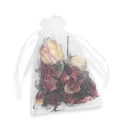 Scented sachet with dried roses isolated on white, top view