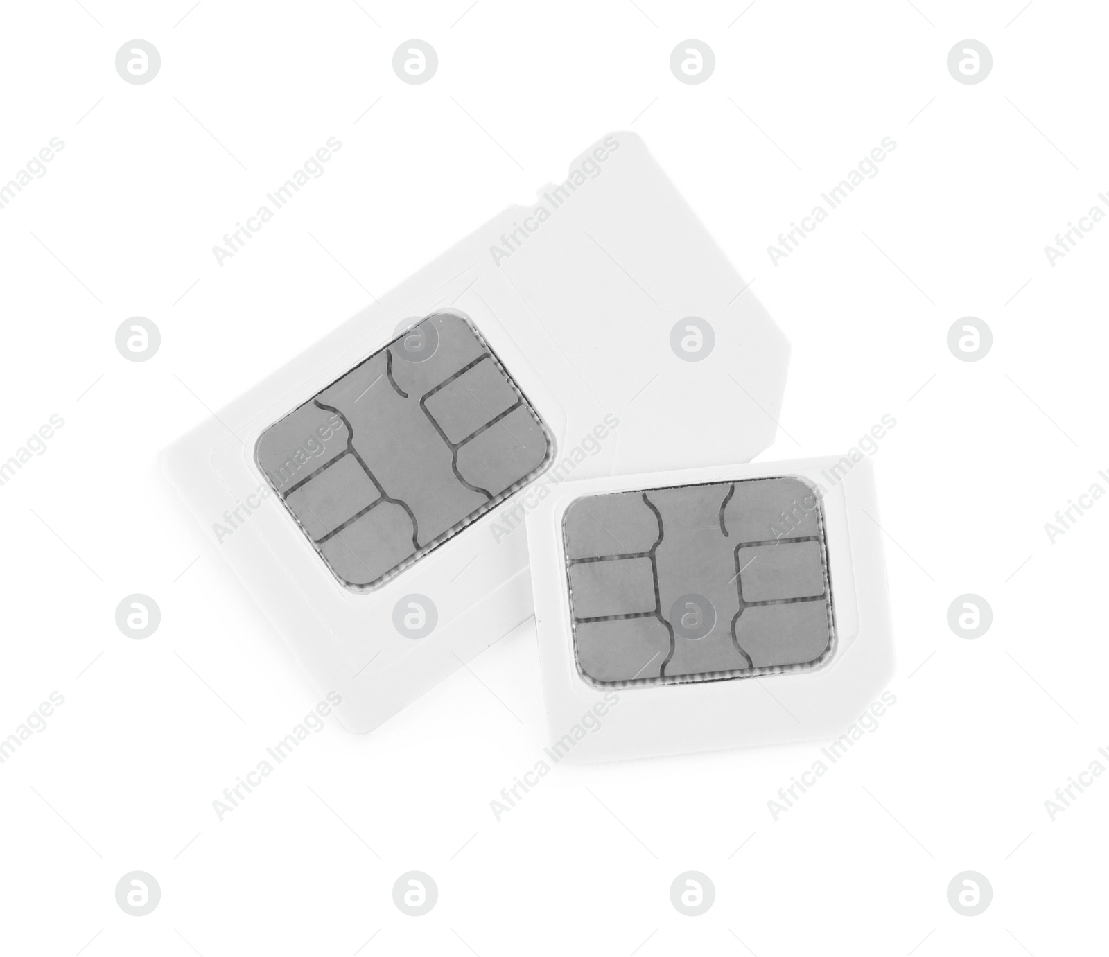 Photo of Mini and micro SIM cards on white background, top view