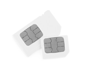 Photo of Mini and micro SIM cards on white background, top view