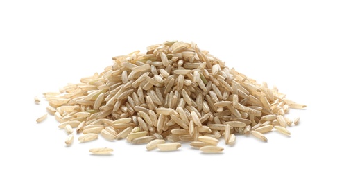 Photo of Pile of brown rice on white background