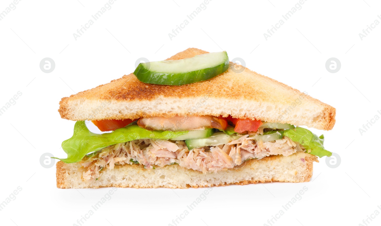 Photo of Delicious sandwich with tuna and vegetables on white background