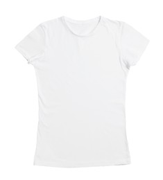 Stylish female T-shirt isolated on white, top view