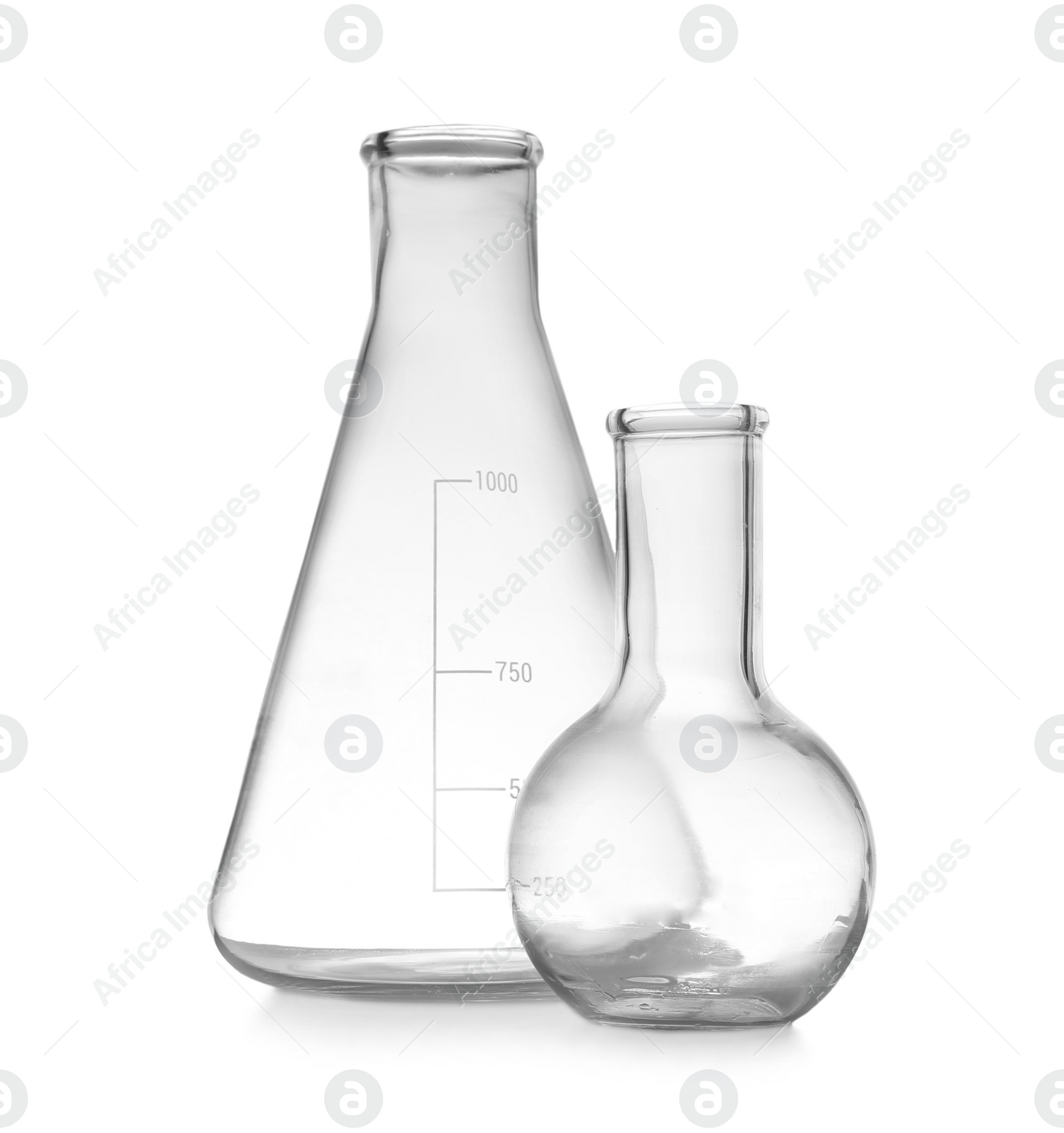 Photo of Empty Florence and conical flasks on white background. Laboratory glassware