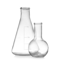 Empty Florence and conical flasks on white background. Laboratory glassware