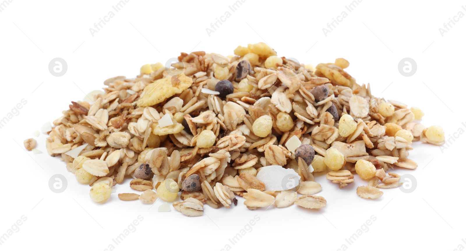 Photo of Pile of granola on white background. Healthy snack